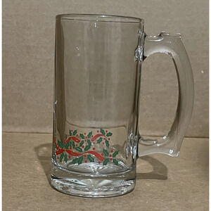 Vintage Libbey Holly Berry Glass Beer Mug Gold Trim Heavy Christmas Collectible